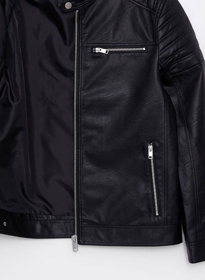 Slim Fit Stand Collar Men's Leather Look Coat - Image 5