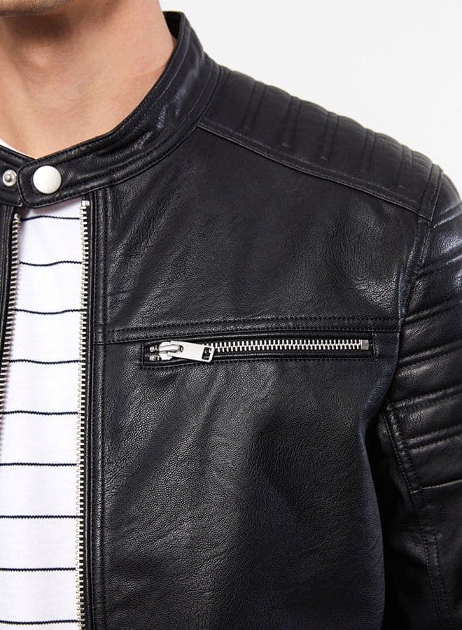 Slim Fit Stand Collar Men's Leather Look Coat - Image 6