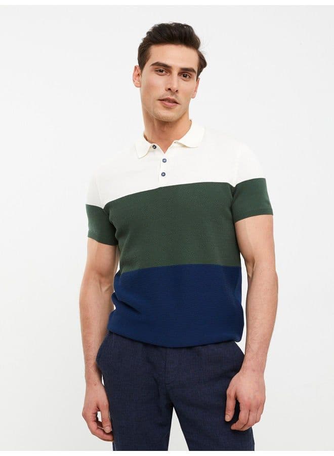 Polo Collar Short Sleeve Color Block Men's Knitwear Sweater - Image 2