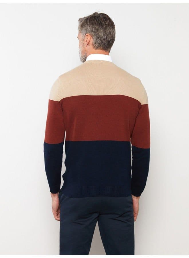 Crew Neck Long Sleeve Men's Tricot Sweater with Color Block - Image 2
