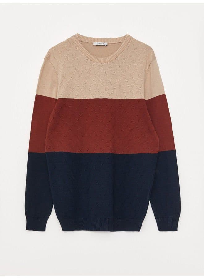 Crew Neck Long Sleeve Men's Tricot Sweater with Color Block - Image 4