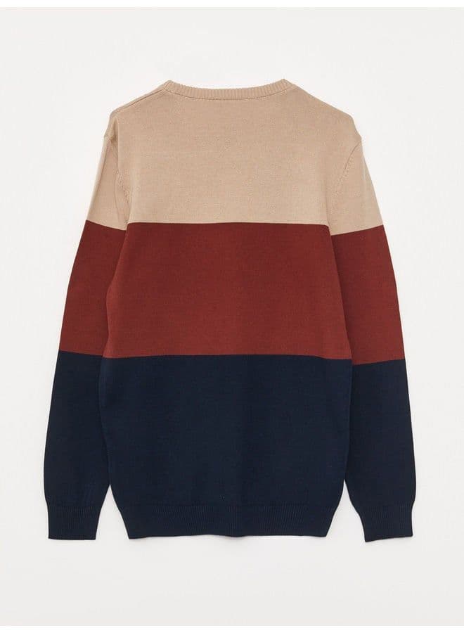 Crew Neck Long Sleeve Men's Tricot Sweater with Color Block - Image 7