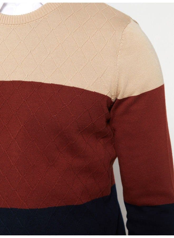 Crew Neck Long Sleeve Men's Tricot Sweater with Color Block - Image 6