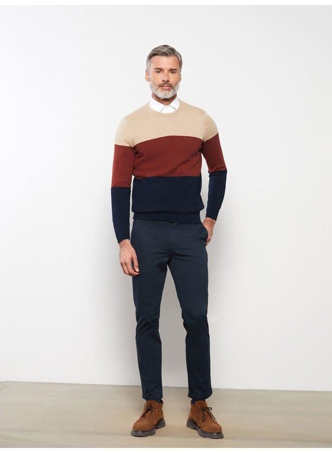 Crew Neck Long Sleeve Men's Tricot Sweater with Color Block - Image 5