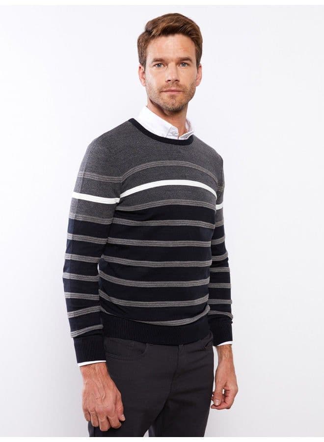 Crew Neck Long Sleeve Striped Men's Tricot Sweater - Image 3