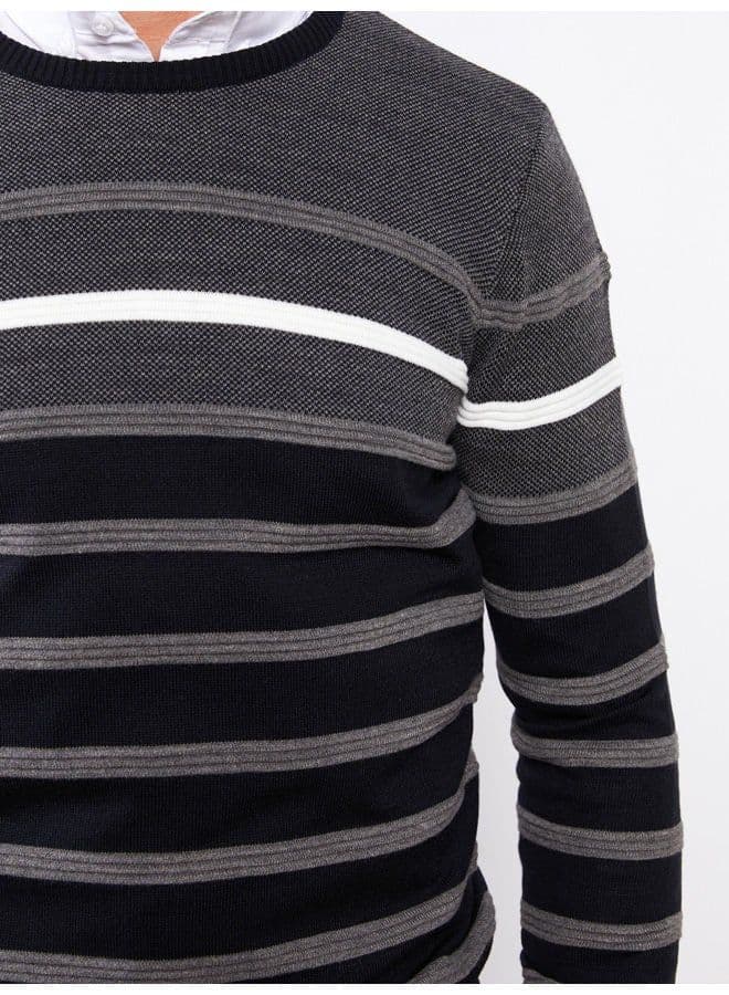 Crew Neck Long Sleeve Striped Men's Tricot Sweater - Image 2